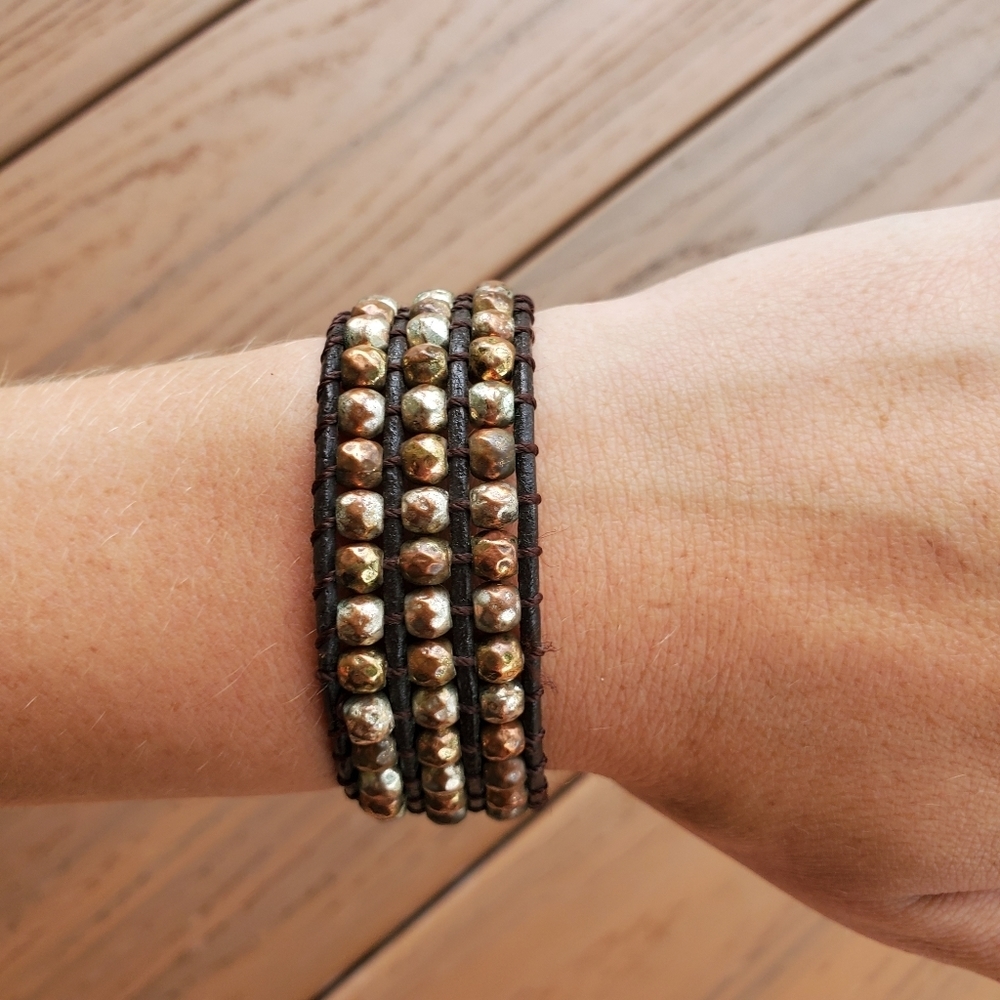 Vegan Faux Leather Wrap Bracelet Chocolate Brown Silver Brass Bead Boho Casual